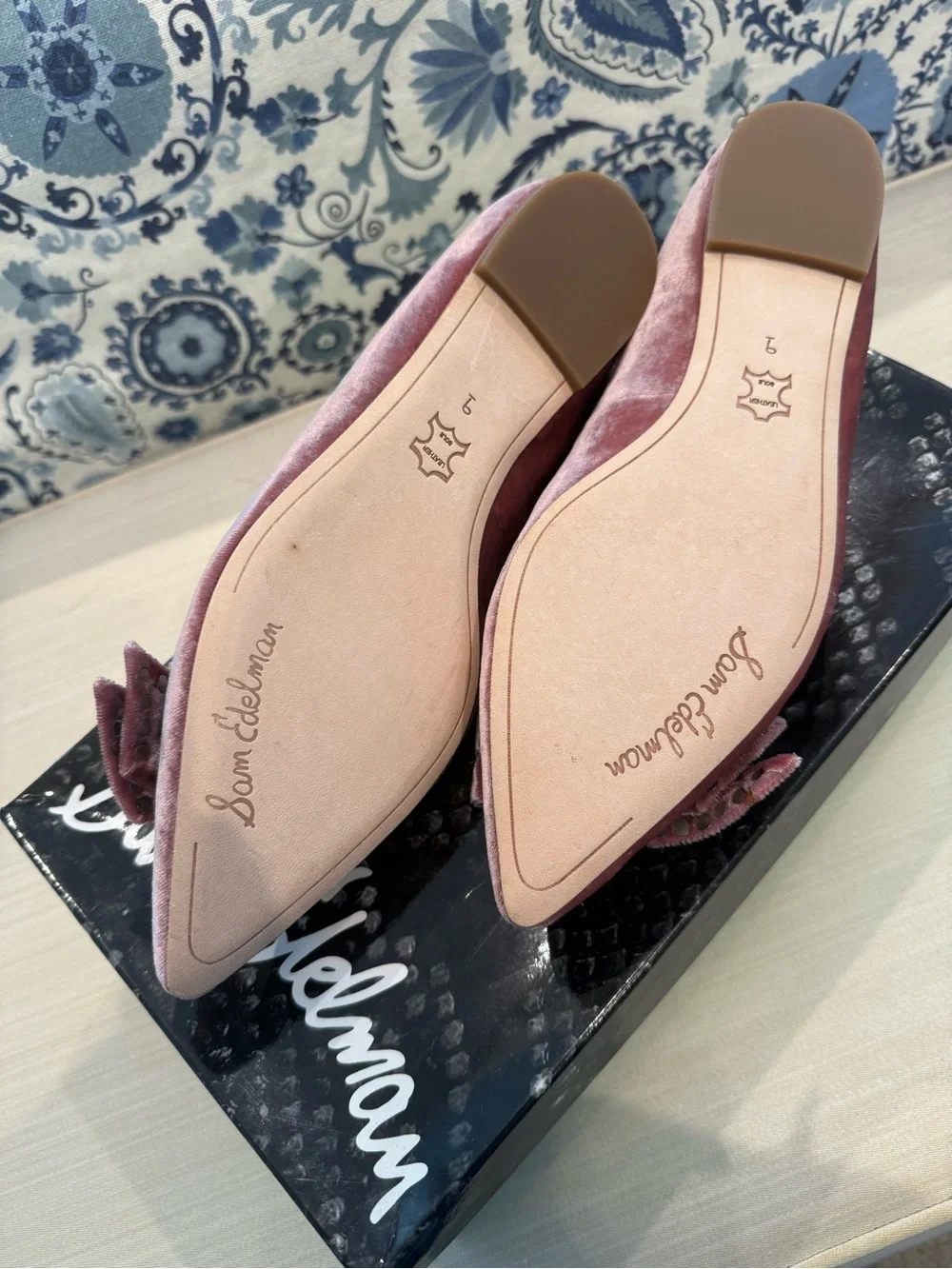 Sam Edelman Raisa Rose Velvet Studded Bow Pointed Toe Flats 9M New